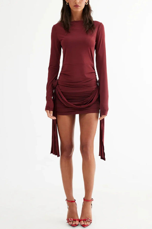 Solid Long Sleeve Round Neck Slim Fit Ribbon Flower Mini Dress