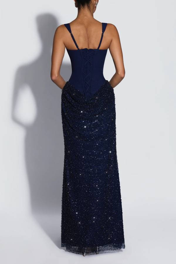 Yeona Square Neck Back Lace-up Sequin Embellished Drape Cowl Overlay Maxi Dress