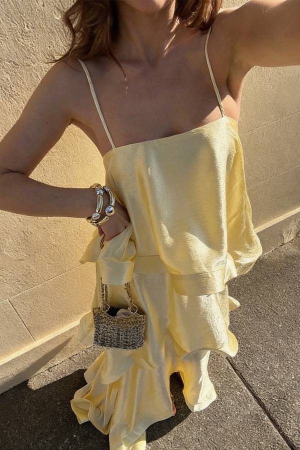 Soft and Smooth Satin Tiered Slip Square Neck A-line Maxi Dress