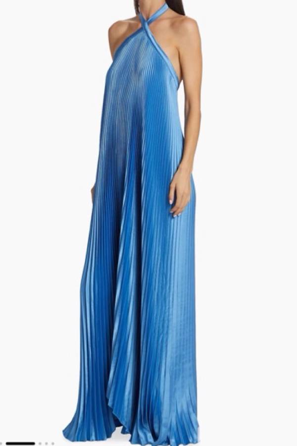 Halter Satin Pleated Maxi Evening Gown