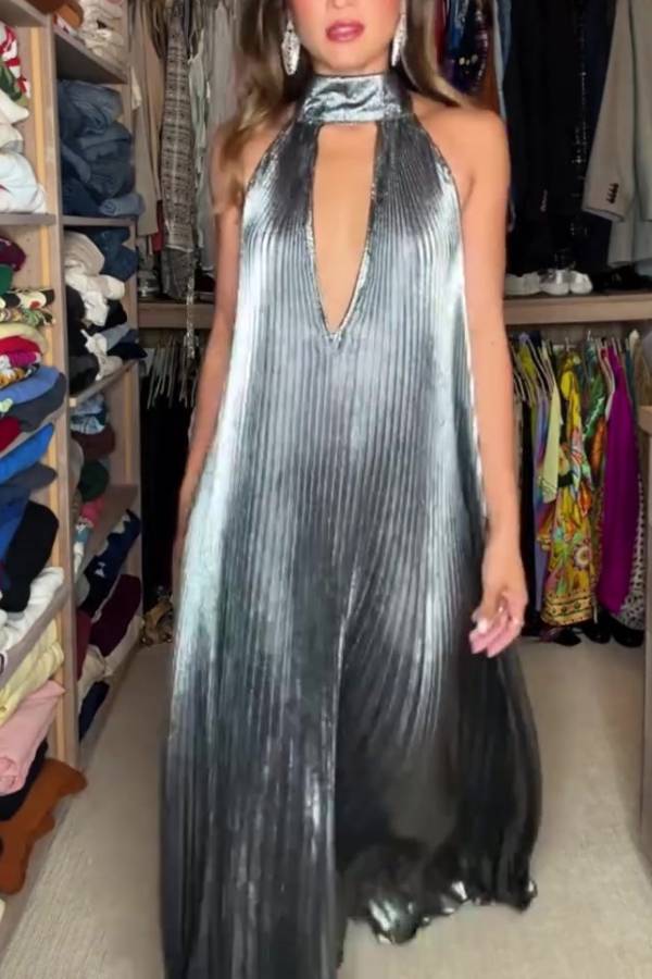 Celebration Party Pleated Metallic Fabric High Deep V-cutout Halter Neck A-line Maxi Dress
