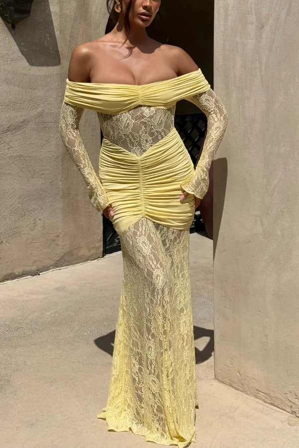 Solid Color Patchwork Lace Off-shoulder Long-sleeved Pleated Slim-fit Maxi Dress