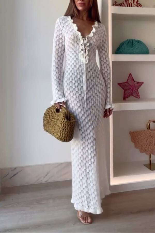 White Crochet Hollow Ruffle Tie Long Sleeve Beach Cover Up Maxi Dress