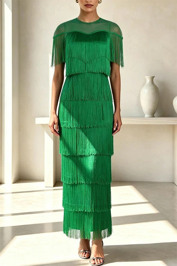 Elowyn Mesh Tiered Tassel Patchwork Round Neck Cape Sleeve Midi Dress