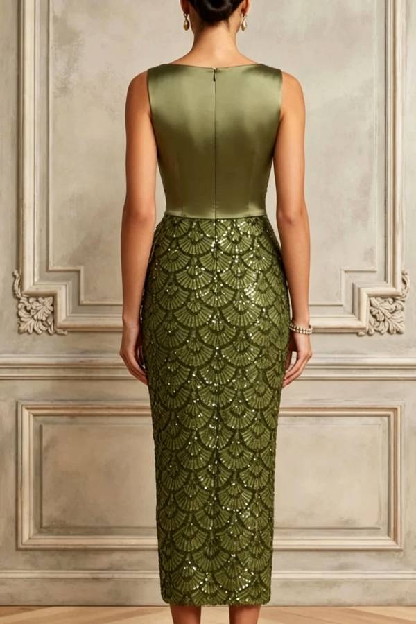 Julieta Pleated Satin Fan-shaped Sequin Hem Boat Neck Sleeveless Midi Dress