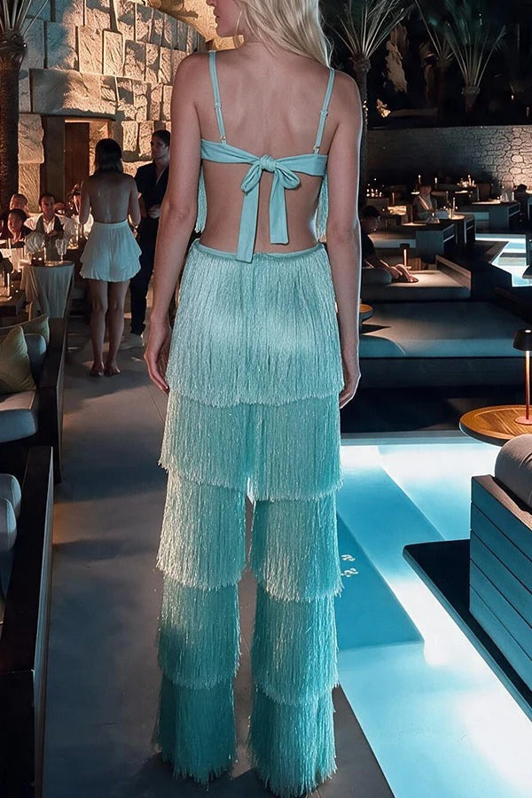 Frazia Tiered Tassel Crop Tie-up Tank and High Rise Wide Leg Pants Set