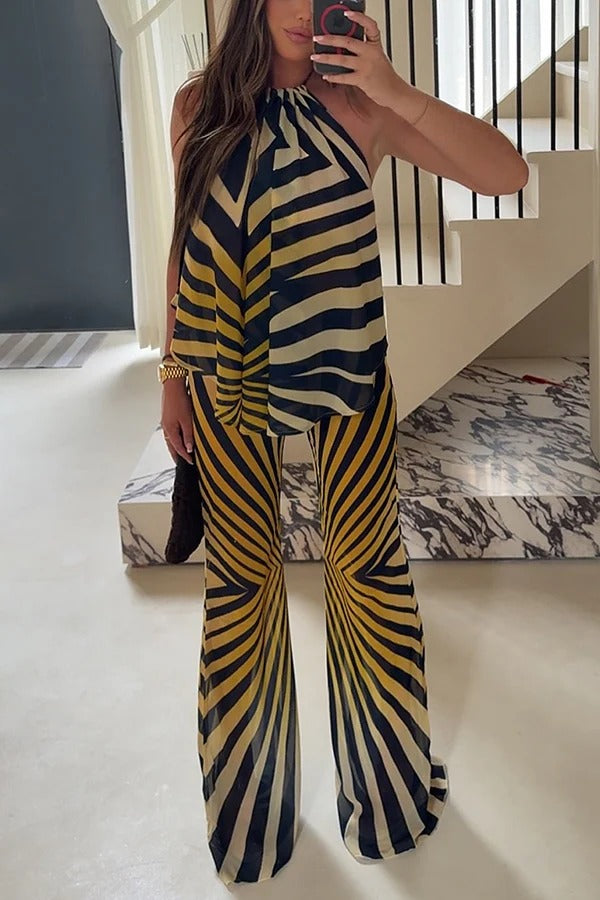 Yara Chiffon Contrast Color Zebra Print Halter A-line Top and High Rise Elastic Waist Flare Pants Set