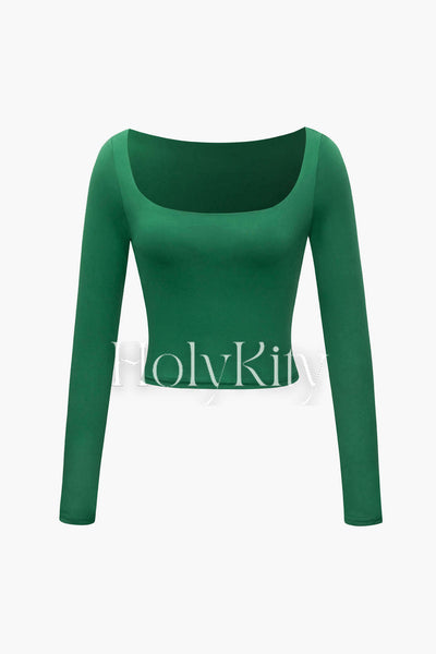 Solid Square Neck Long Sleeve Top
