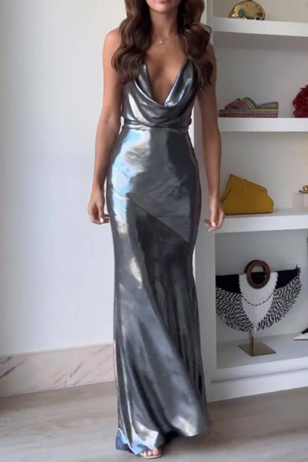 Deep V Cowl Neck Metallic Spaghetti Strap Fishtail Train Evening Dress