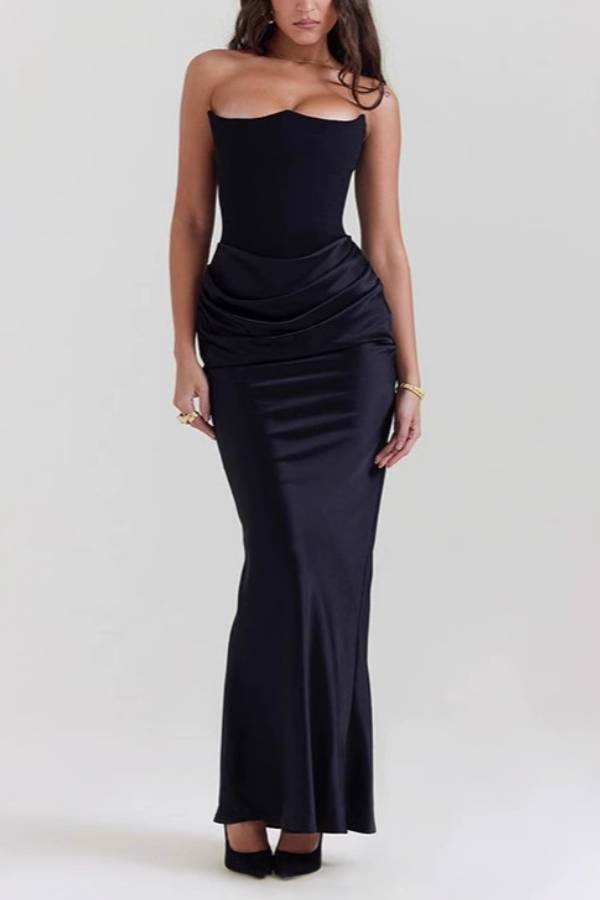 Elegant Strapless Patchwork Formal Party Fishtail Maxi Dresses-Black