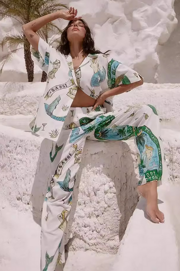 Drawing Print Half Sleeve Blouse Wide Leg Pants Matching Set
