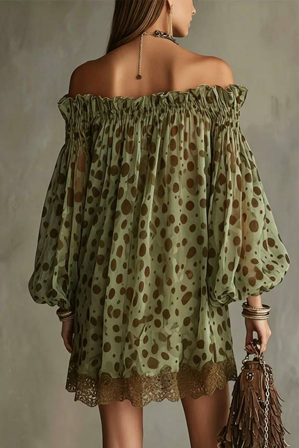 Ethereal Off-The-Shoulder Polka Dot Sheer Mini Dress