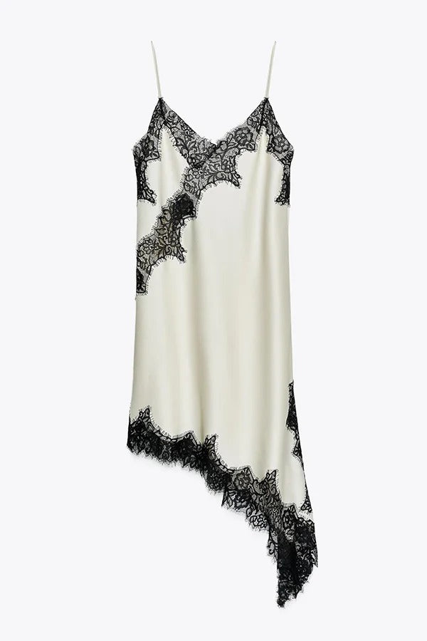 Satin Lace Trim V-neck Asymmetrical Hem Slip Mini Dress
