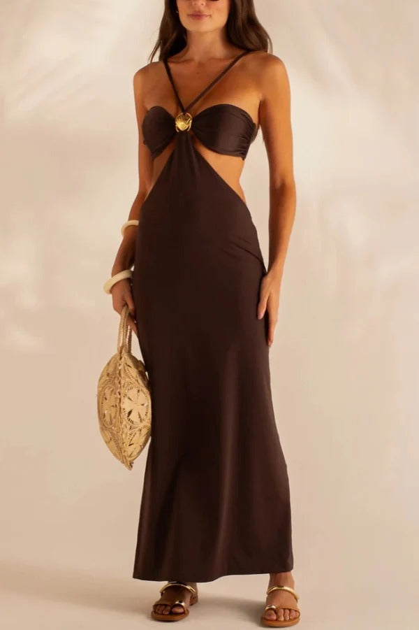 Metal Shell Straps Elastic Bikini and Slit Cover-up Dress Three-piece Set
