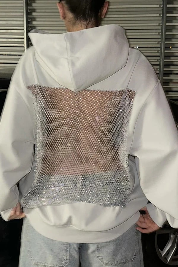 Fashionable Shiny Mesh Hollow Back Loose Long-sleeved Hooded Sweatshirt