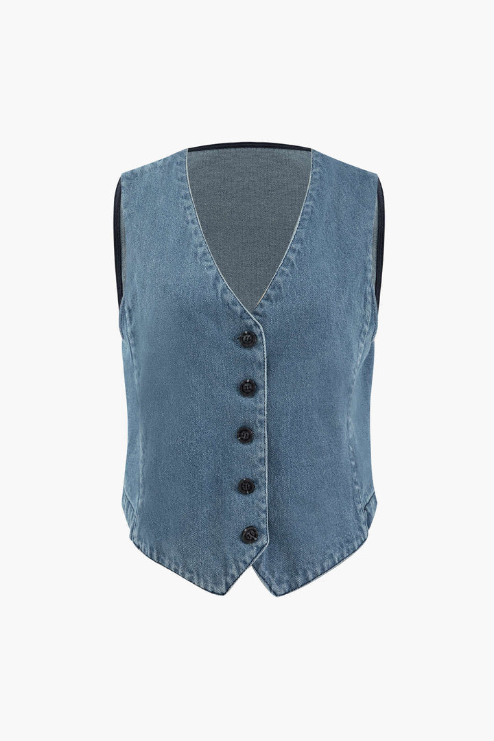 Manteau en jean boutonné à col en V 
