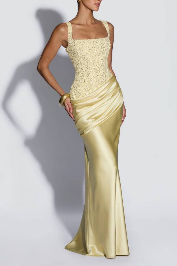 Alexandria Sequin Square Neck Back Lace-up Satin Drape Cowl Overlay Maxi Dress
