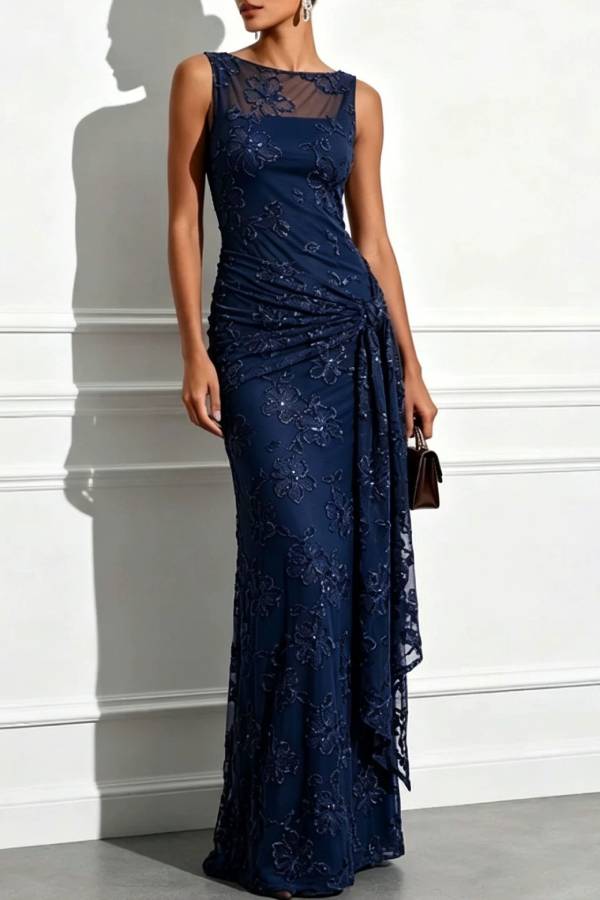 Solana Sequin Jacquard Boat Neck Sleeveless Tie-up Hem Sheath Floor-length Gown Dress