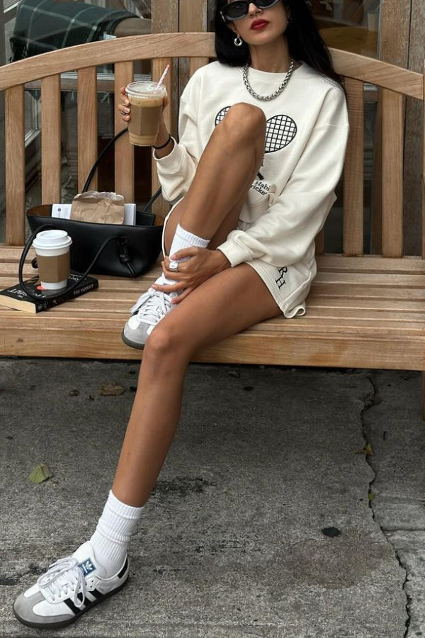 Vintage Casual Embroidered Sweatshirt And Sports High-waisted Shorts Set