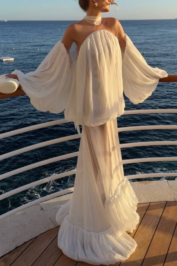 Halter Off‑Shoulder Bubble Sleeve Two‑Piece Floor‑Length Dress