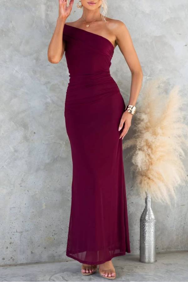 One-Shoulder Floral Print Ruched Mesh Bodycon Maxi Dress