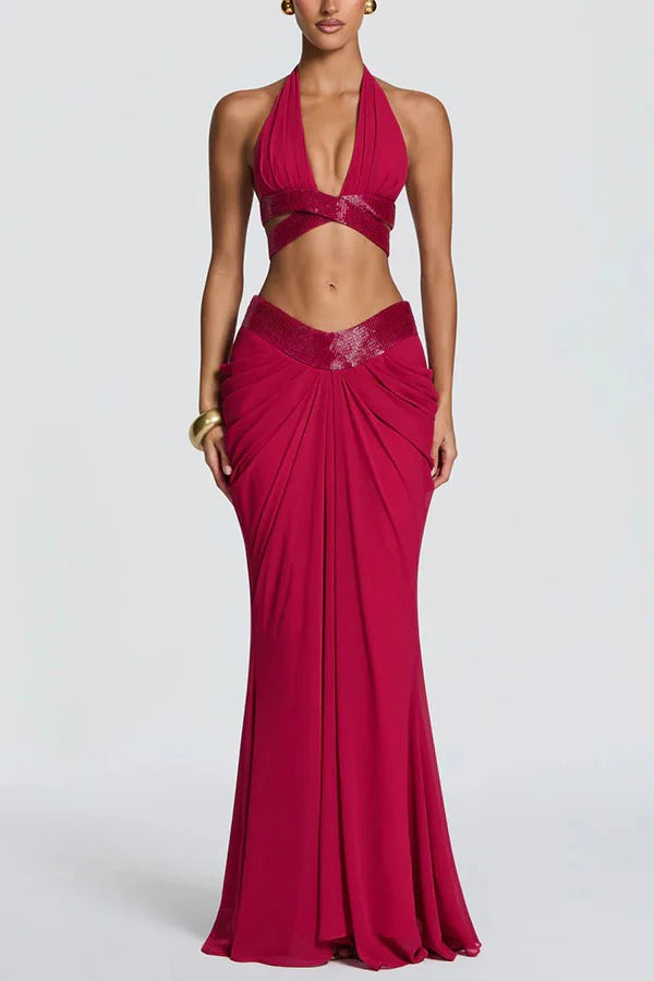 Sophie Chiffon Embellished Trim Crop Halter Tank and Dramatic Gathered Drape Maxi Skirt Set