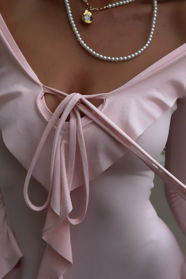 V-neck Tie Stitching Ruffled Mini Dress