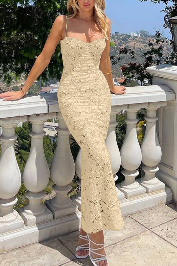3D Floral Lace Spaghetti Strap Waist-Cinched Bodycon Maxi Dress