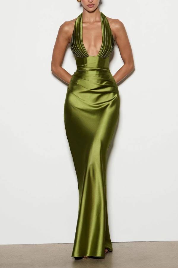 Deep V Halter Satin Waisted Mermaid Evening Gown