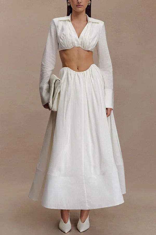 Greta Linen Blend Bra-style Gathered Long Sleeve Crop Shirt and Mid Rise Pocket Umbrella Skirt Set