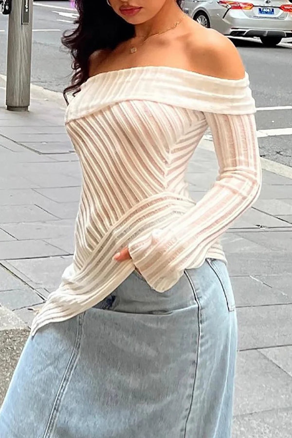 Knit White Off Shoulder Backless Long Sleeve Seam Irregular Hem Top