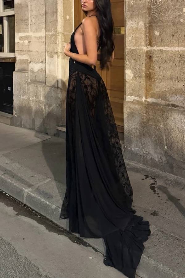 Women's Black Deep V-Neck Sheer Lace Overlay Sleeveless Evening Maxi Dress