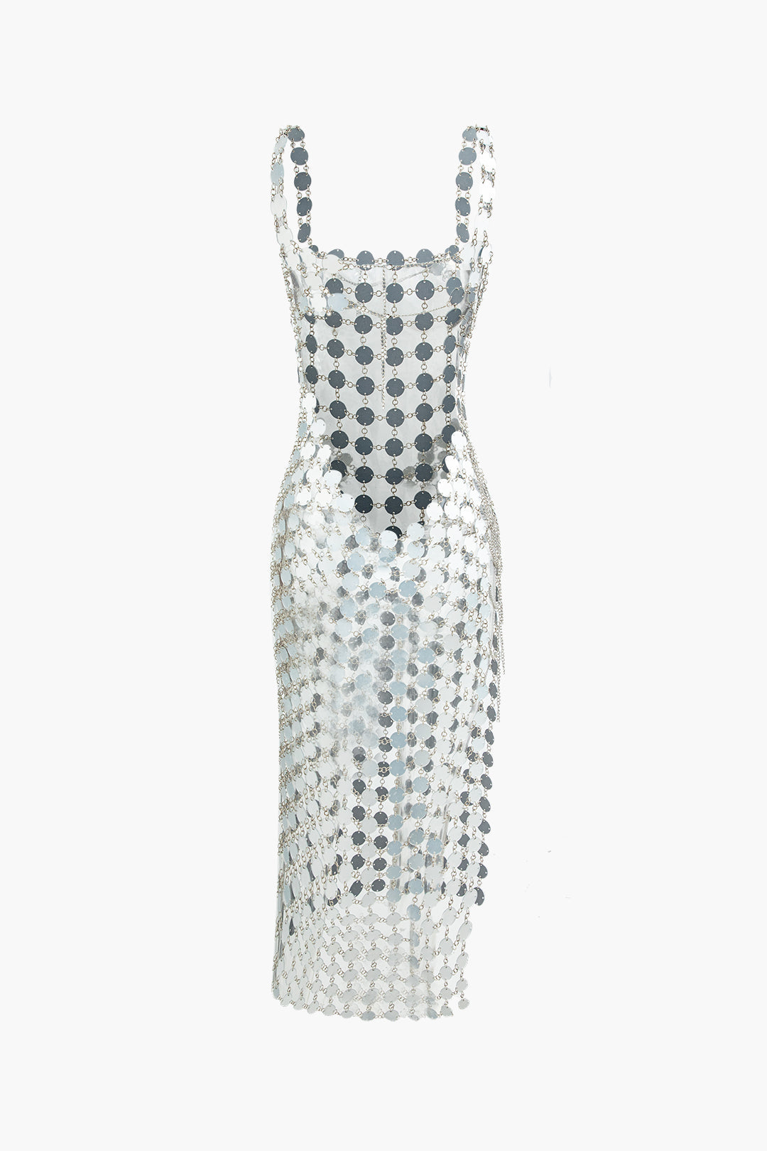 Robe longue transparente à sequins et col carré 