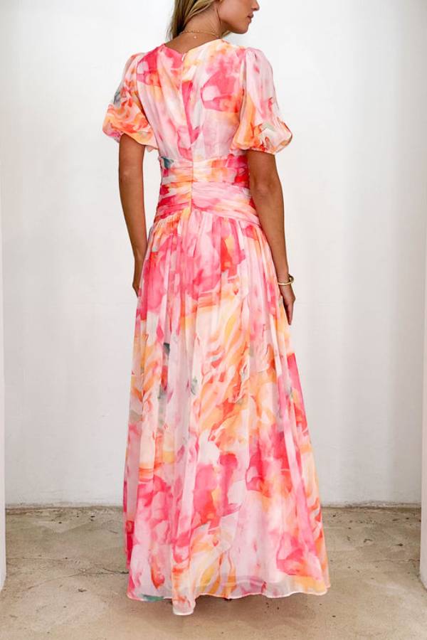 V Neck Puff Sleeves Ruched Waist Printed Maxi Dress