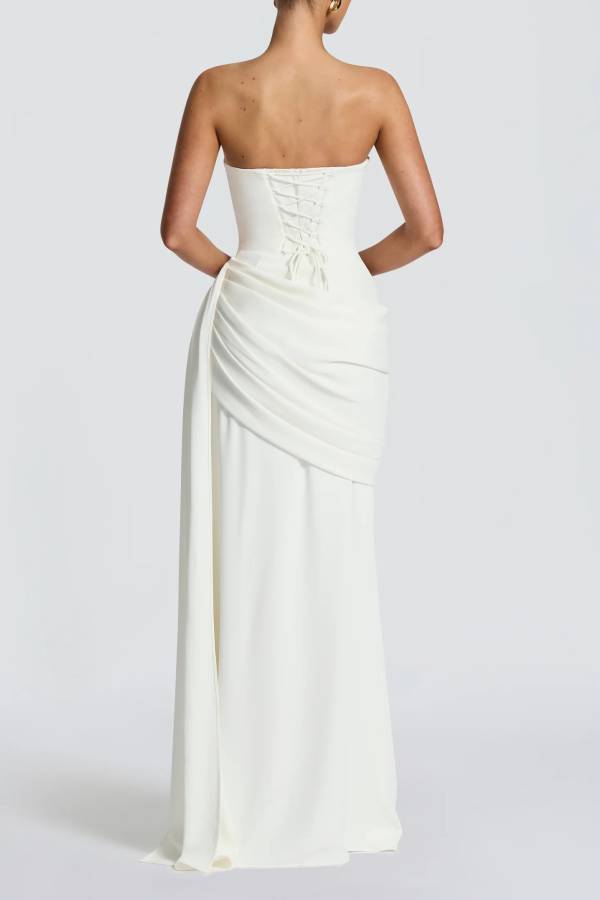 Matisse Strapless Pleated Cowl Overlay Back Lace-up Drape Panel Maxi Dress