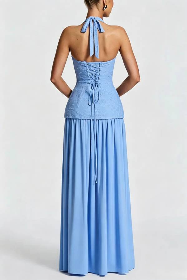 Almira Crepe and Lace Bodice Back Lace-up Chiffon Pleated Hem Maxi Dress