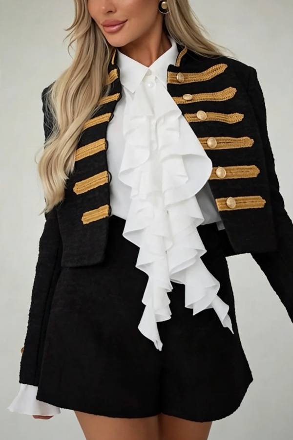 Theatrical Gold-woven Trim Metal Buttons Long Sleeve Crop Jacket