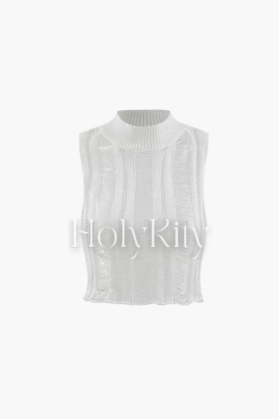 Distressed Openwork Knit Sleeveless Top
