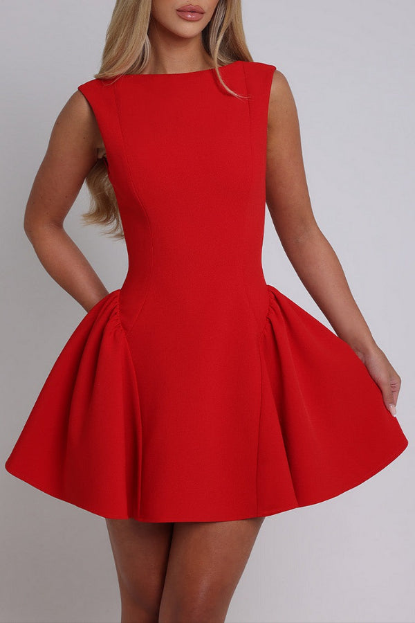 Solid Color Cinch Waist Open Back Mini Tank Dresses-Red