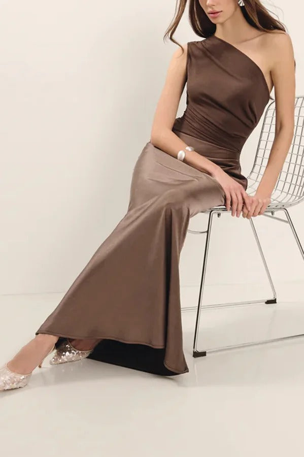 Kaia Satin Contrast Fabric Patchwork One Shoulder Ruched Maxi Dress