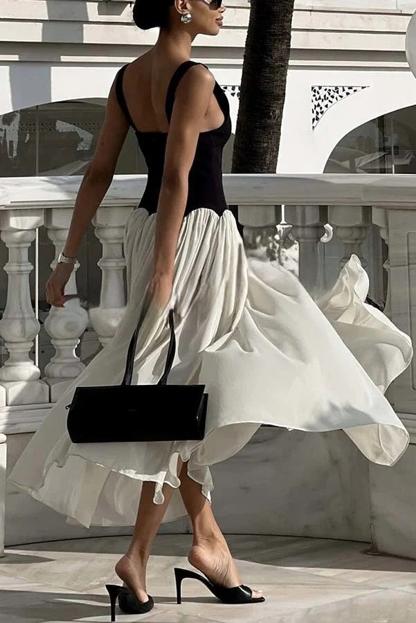 Flowing Elegant V-neck Chiffon Pleated Hem Two-tone Maxi Dress