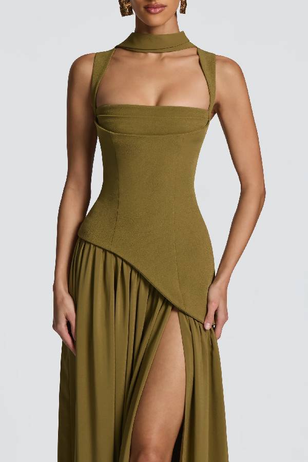 Halter Square Neck Fitted Slit Long Evening Gown