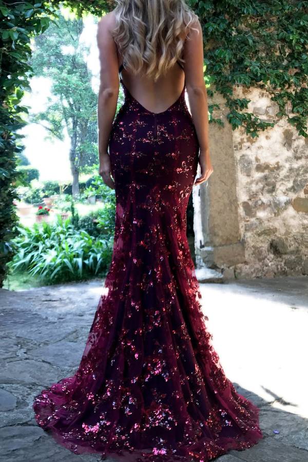 Deep V Spaghetti Strap Gradient Sequin Mermaid Evening Dress