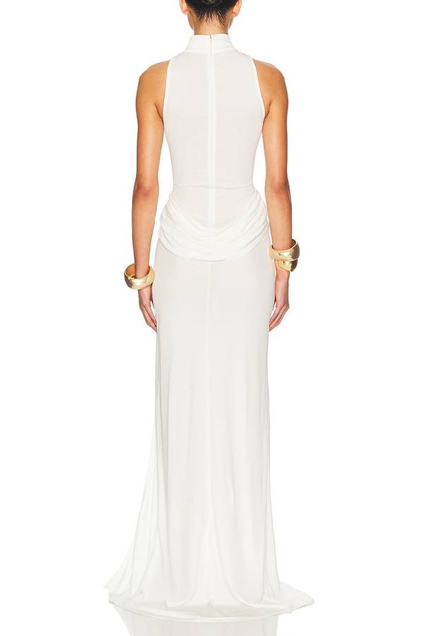 Mock Neck Sleeveless Draped Ruched High Slit Floor-Length Gown