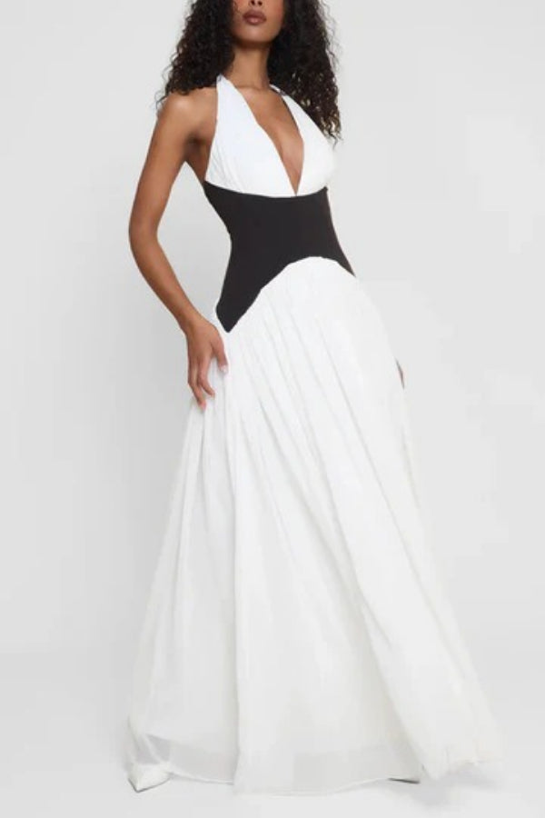 Fashionable Color Matching Sexy Halter Neck Waist Maxi Dress