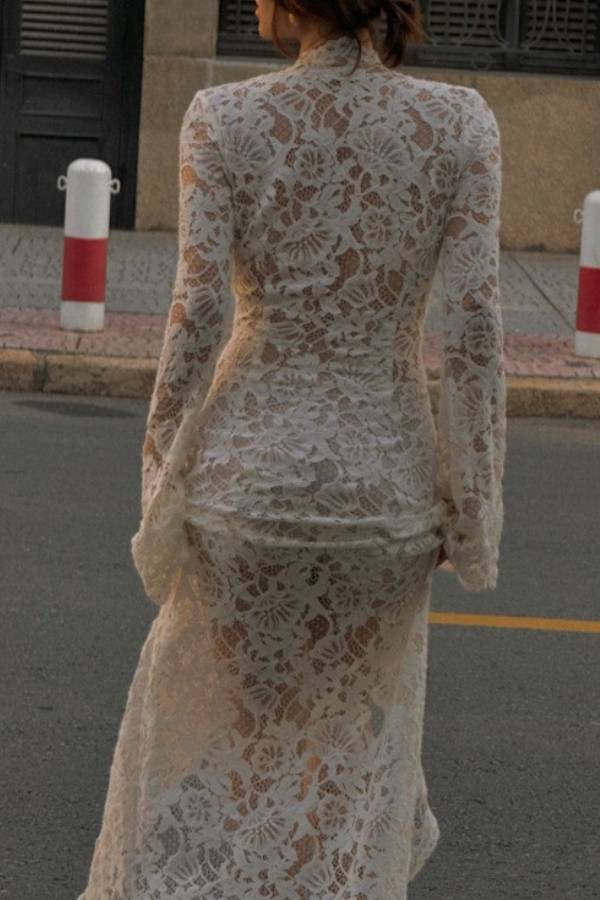 French Style High-Neck Lace Sheer Tie-Front Slit Maxi Dress