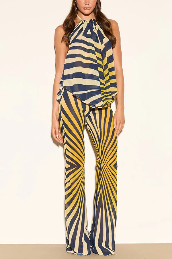 Yara Chiffon Contrast Color Zebra Print Halter A-line Top and High Rise Elastic Waist Flare Pants Set
