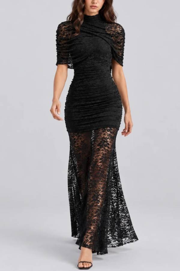 High Neck Ruched Black Floral Lace Semi Sheer Column Maxi Dress