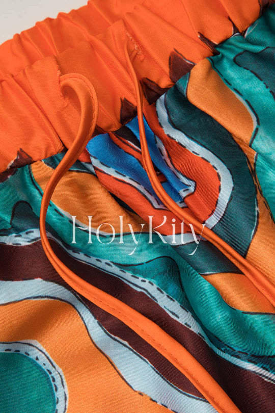 Tropical Print Tie Waist Wide Leg Pants