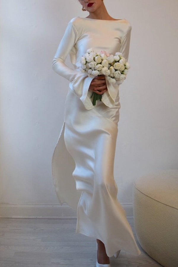 Satin Elegant Long-sleeved Open-back Slim-fit Slit Maxi Dress